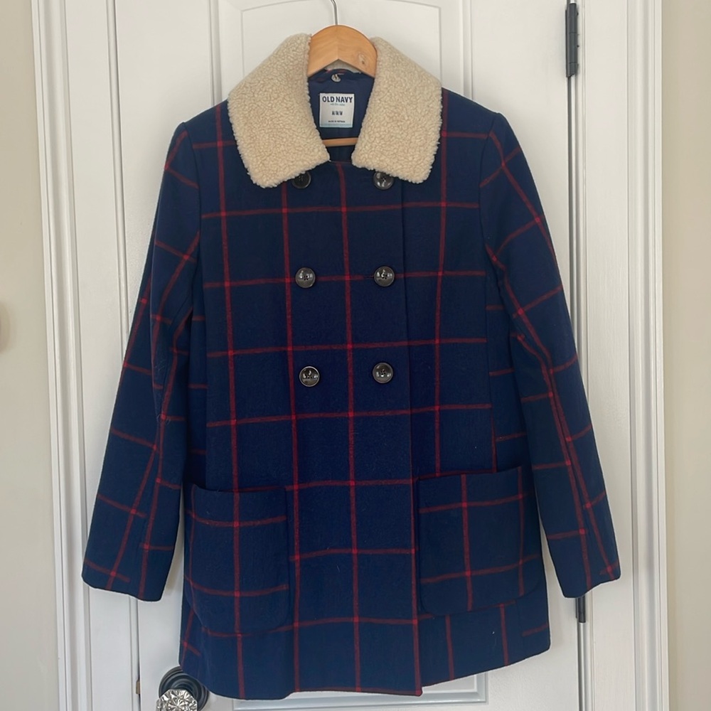 NAVY/RED DBL BREASTED COAT W SHERPA COLLAR, EUC, SIZE MED